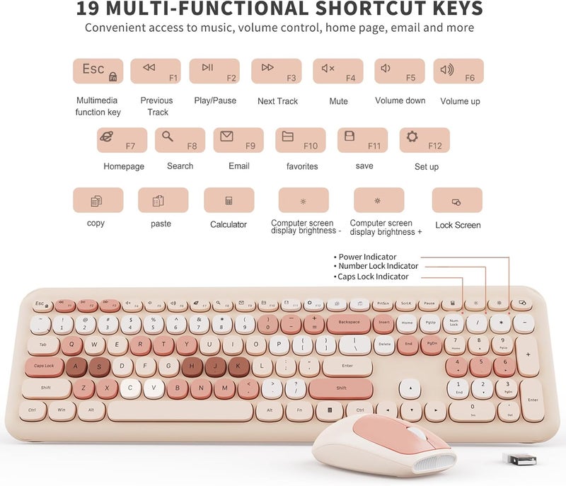 SkyGive Wireless Keyboard and Mouse Combo, Colorful Ergonomic Full Size Retro Low-Noise Keyboard with Cute keycaps, Compatible with Windows, PC, Perfer for Home and Office Keyboards (Brown) - Image 3
